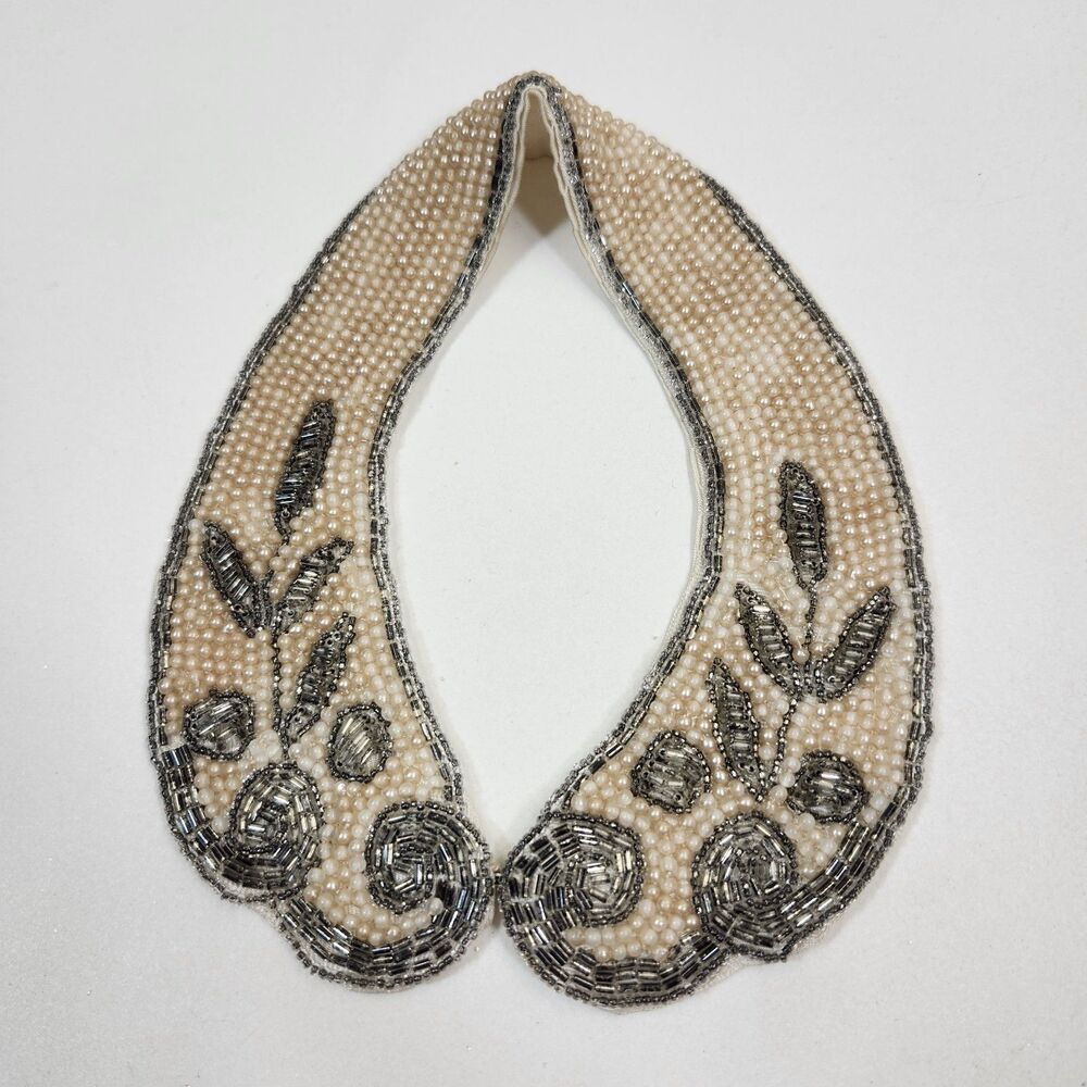 Hand Beaded Detachable Collar Faux Pearl Bugle Bead VTG 1950s Sweater Necklace